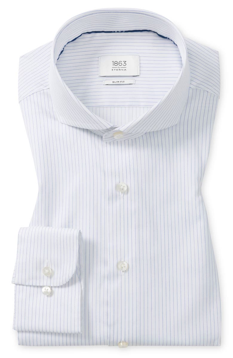1863 by Eterna Slim Fit Stripe Cotton Twill Dress Shirt, Main, color, White/ Blue