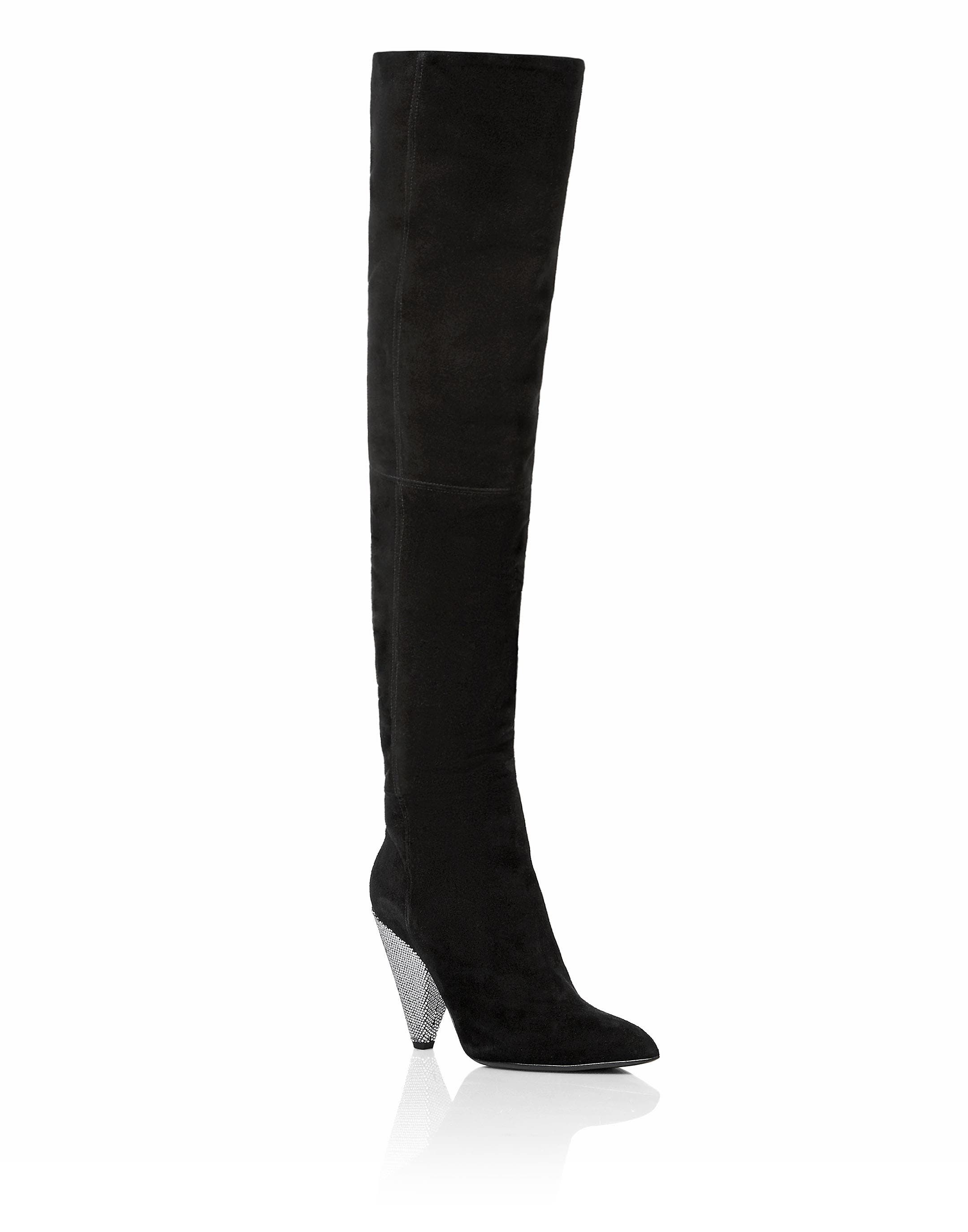 Rhinestone High Heel Suede Boots Women, Main, color, black