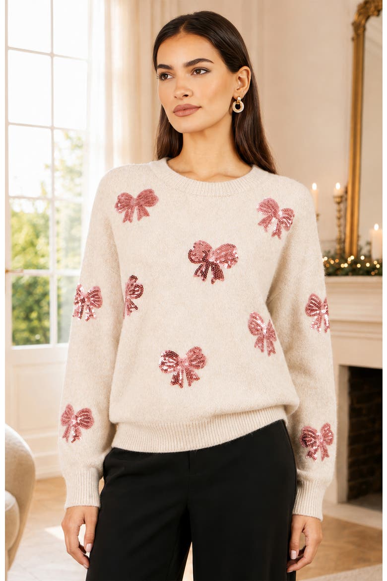 Relaxed Knit Sequin Bow Jumper, Alternate, color, Ivory