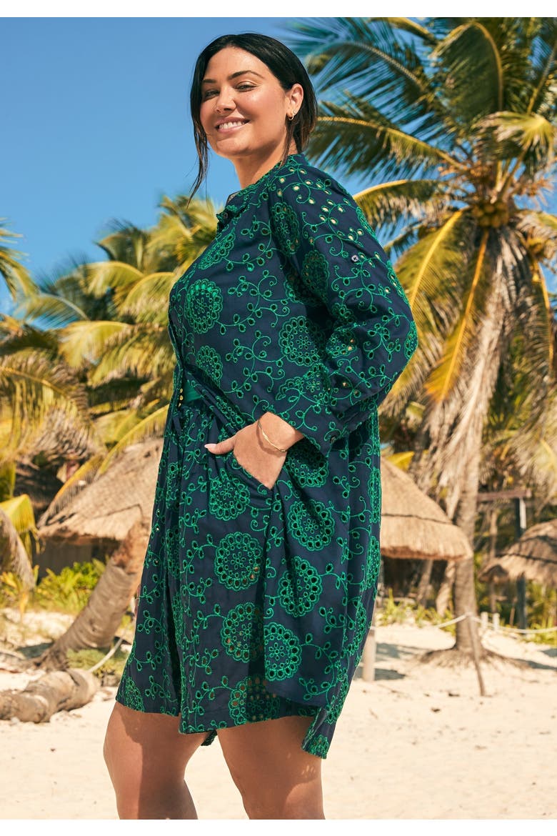 Eyelet Cover Up Shirt, Alternate, color, NAVY EMERALD ISLES