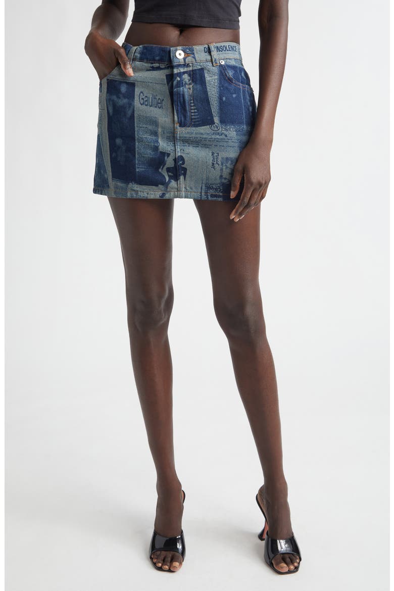 Newspaper Print Denim Miniskirt, Main, color, INDIGO/ BEIGE