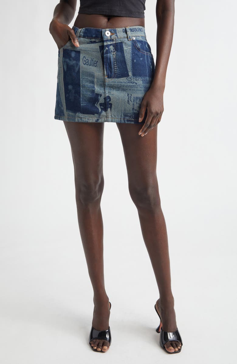 Jean Paul Gaultier Newspaper Print Denim Miniskirt, Main, color, Indigo/ Beige