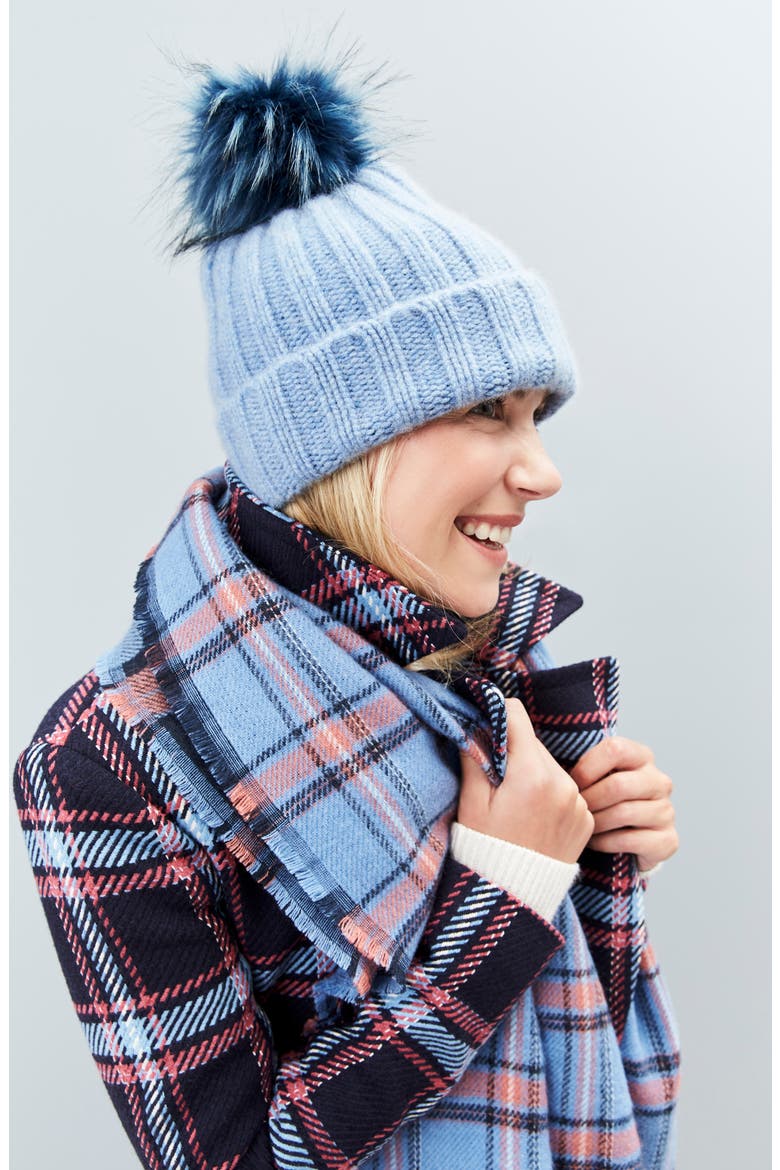 x Atlantic-Pacific Cashmere Beanie with Faux Fur Pom, Alternate, color, BLUE BRUNNERA