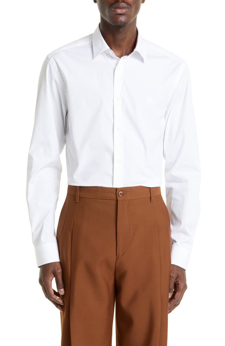 Burberry Sherfield Equestrian Knight Stretch Cotton Poplin Button-Up Shirt, Main, color, White