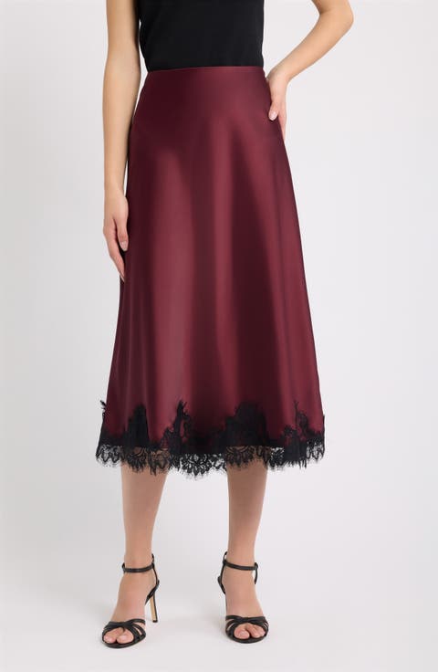 Lace Trim Satin Bias Midi Skirt