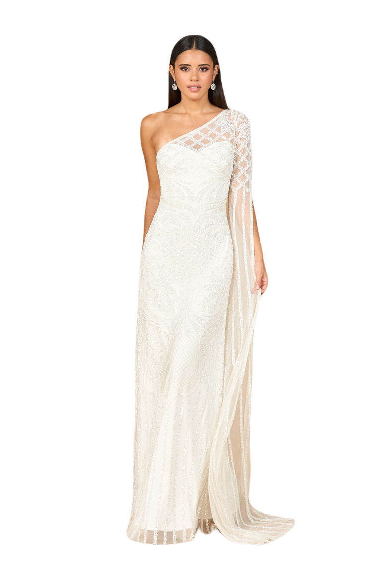 One Sleeve Beaded Gown, Main, color, Ivory