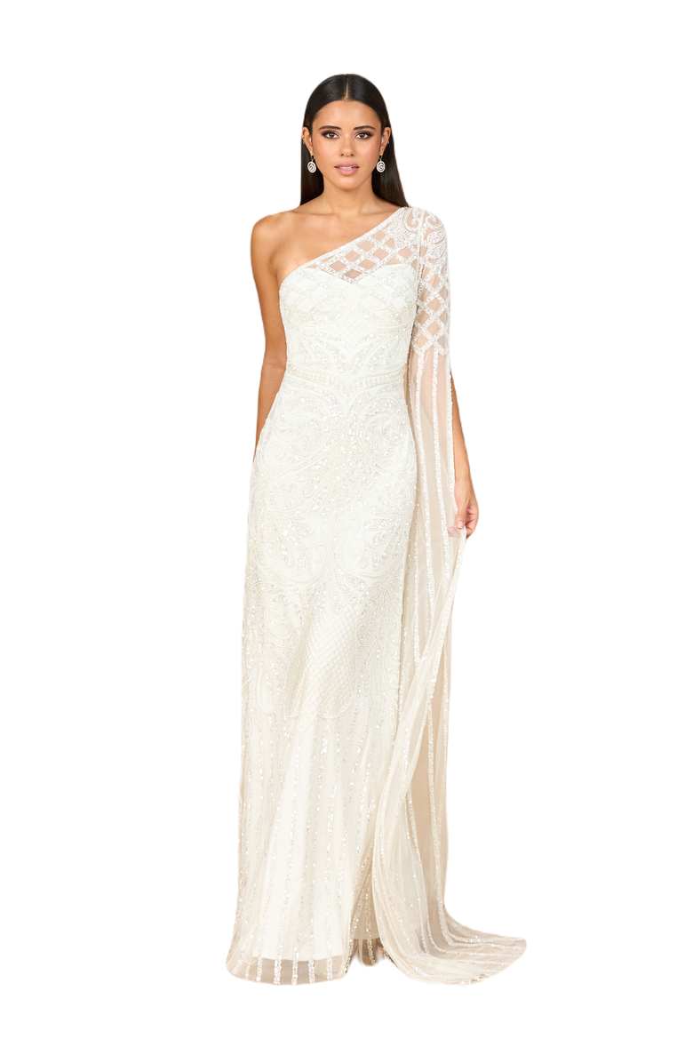 LARA New York One Sleeve Beaded Gown, Main, color, Ivory