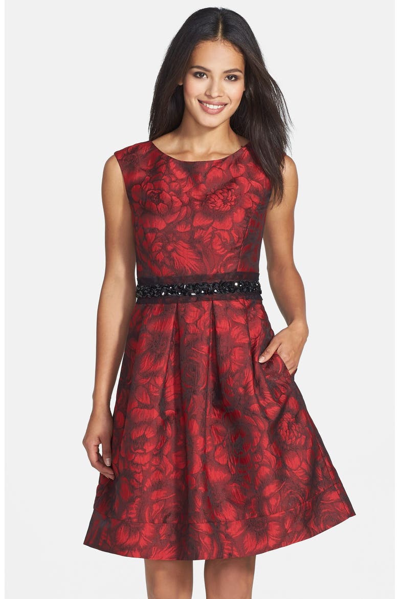 Embellished Waist Brocade Fit & Flare Dress, Main, color, BLACK/ RED