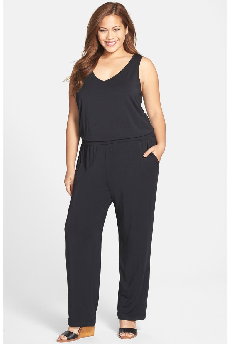 'Taryn' Print V-Neck Jumpsuit, Main, color, BLACK