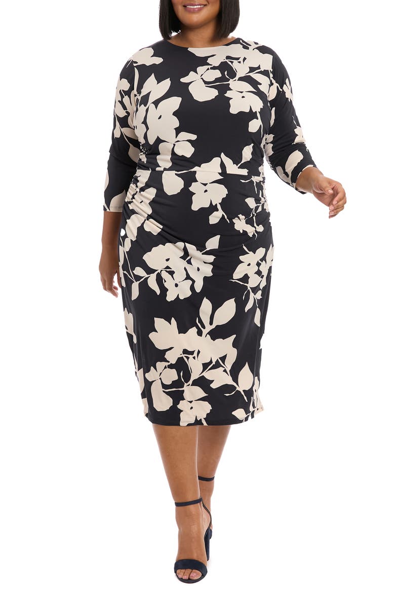 Floral Three-Quarter Sleeve Midi Sheath Dress, Main, color, BLACK/ CREAM