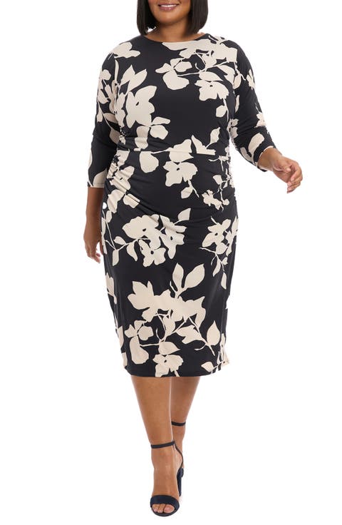 Floral Three-Quarter Sleeve Midi Sheath Dress (Plus)
