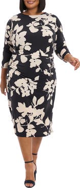 London Times Floral Three-Quarter Sleeve Midi Sheath Dress