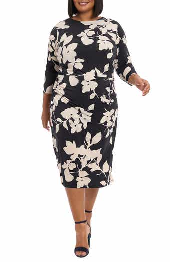 London Times Floral Three-Quarter Sleeve Midi Sheath Dress