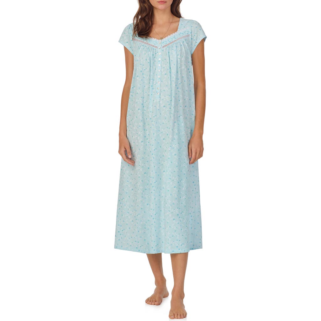 Eileen West Floral Print Cotton Nightgown In Aqua Print