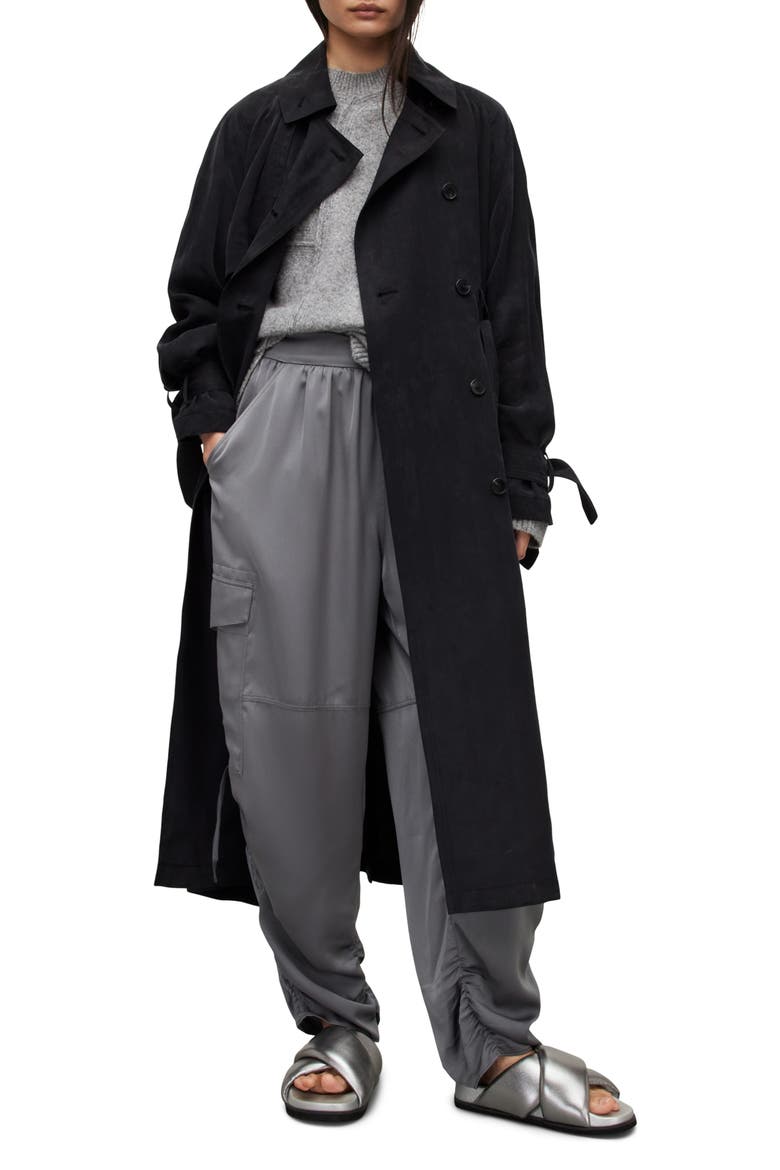 Kikki Relaxed Fit Double Breasted Trench Coat, Alternate, color, BLACK