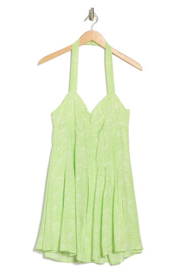 Lush Halter Pleat Flare Minidress In Lime Ivory