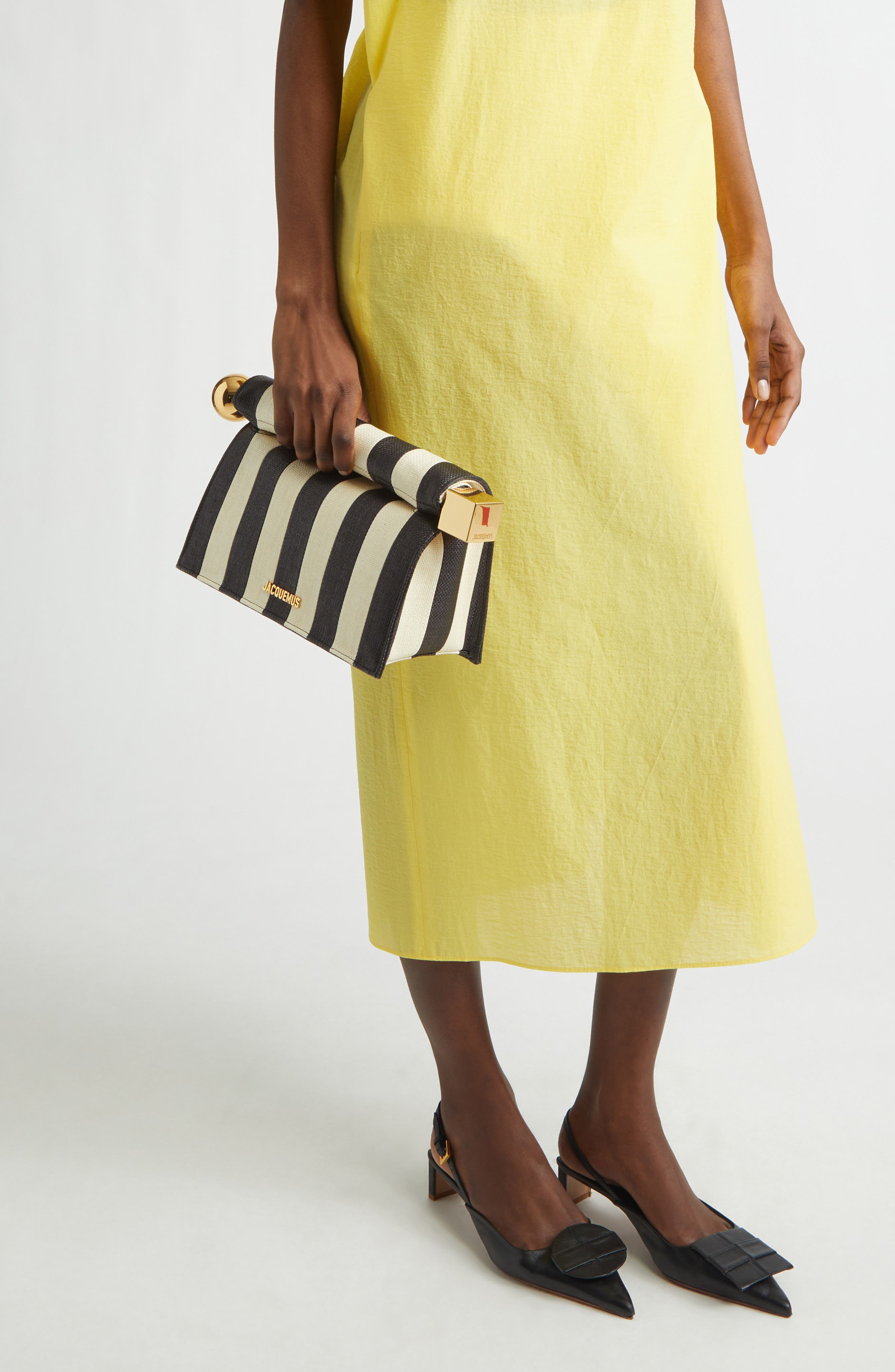 Jacquemus La Pochette Rond Carré Stripe Leather Clutch, Alternate, color, Natural / Black 1Fy