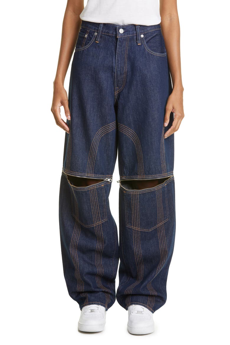 Unisex Baggy Convertible Straight Leg Jeans, Main, color, INDIGO