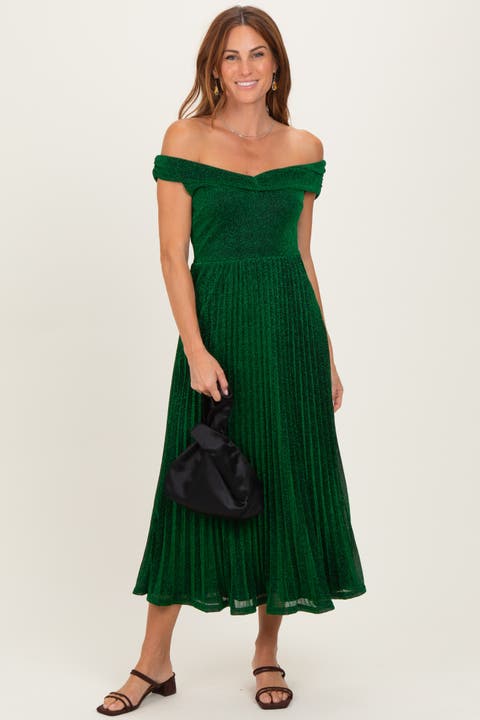 Shimmer Off Shoulder Pleated Midi Dress