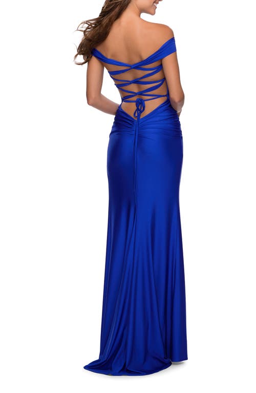 La Femme Off The Shoulder Dress With Tie Back And Slit In Royal Blue