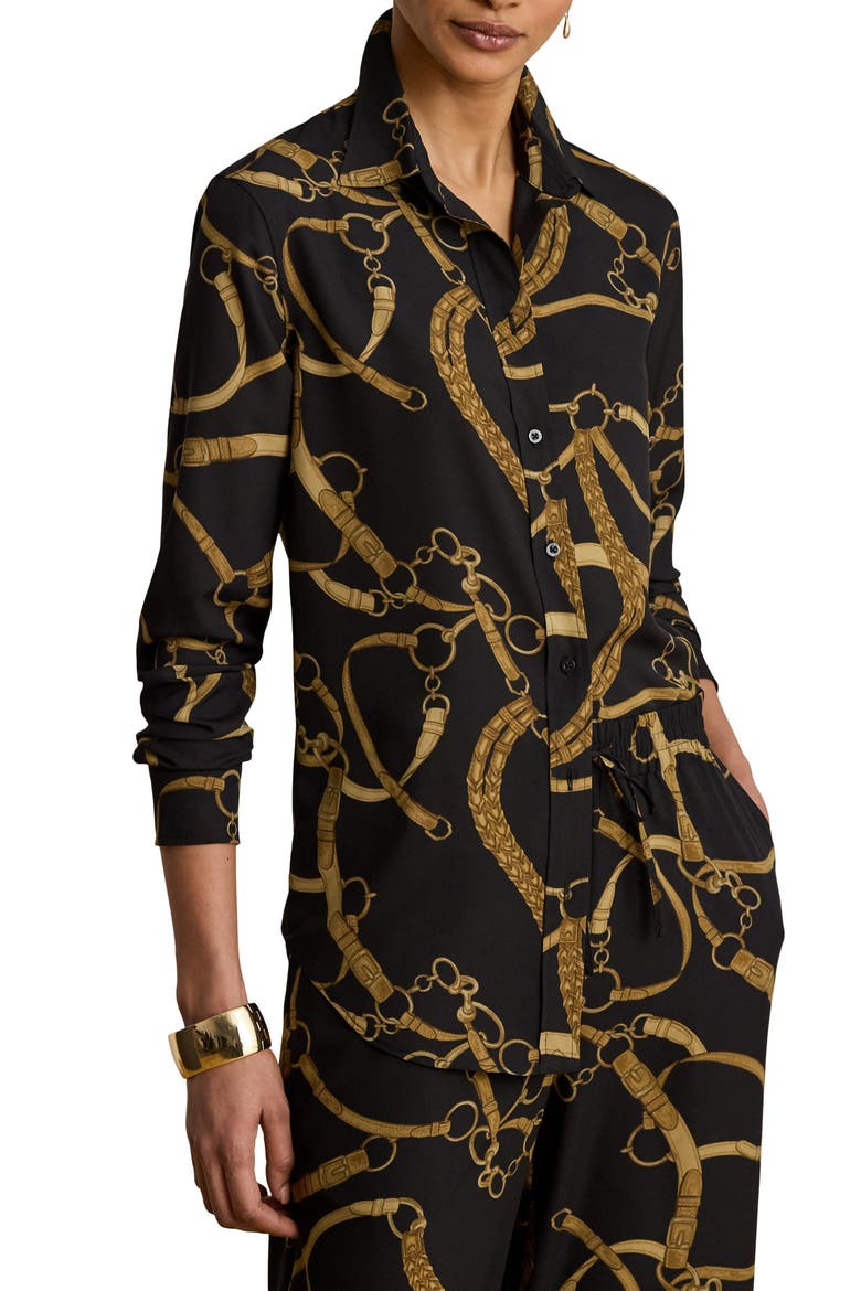 Belting Print Crêpe de Chine Button-Up Shirt, Main, color, BLACK/ MULTI