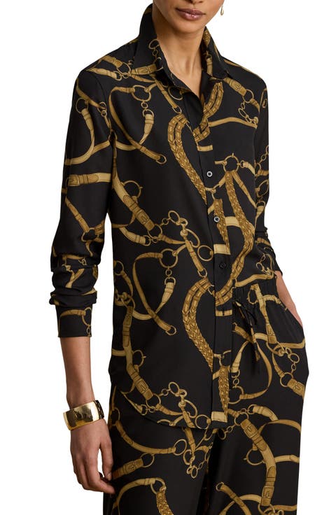 Belting Print Crêpe de Chine Button-Up Shirt