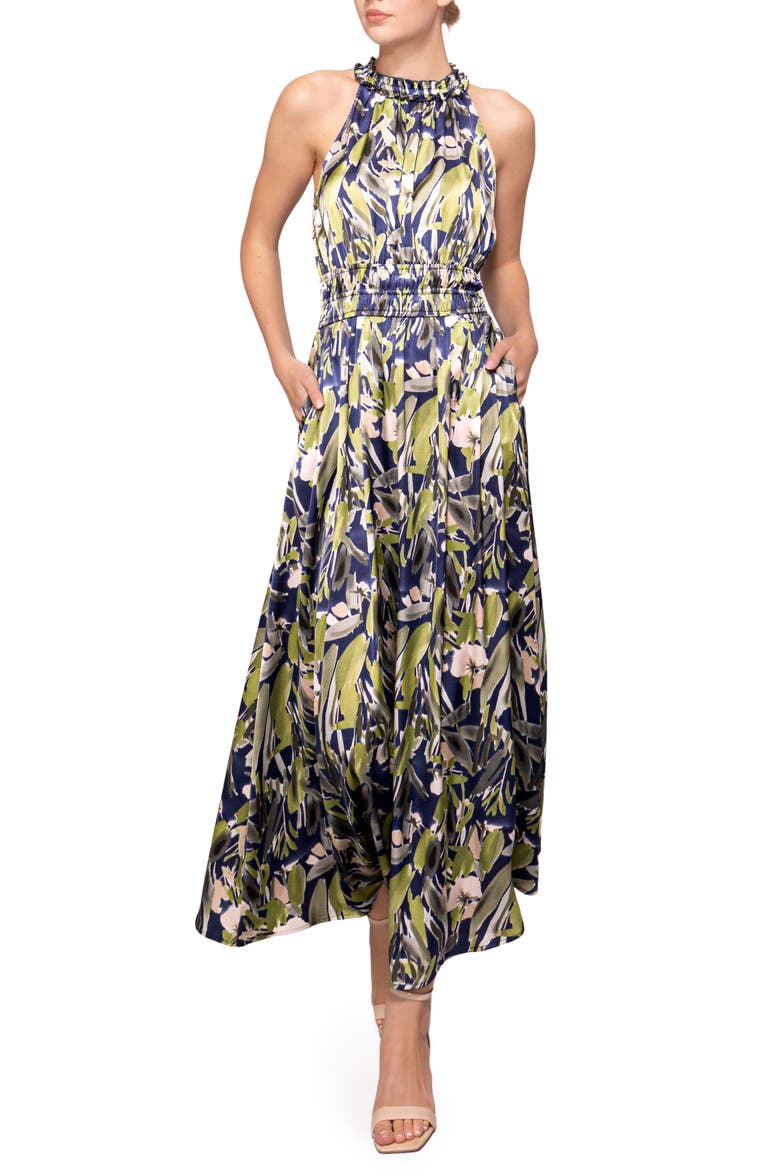 Print Ruffle Sleeveless Maxi Dress, Main, color, BLUE GREEN LEAF