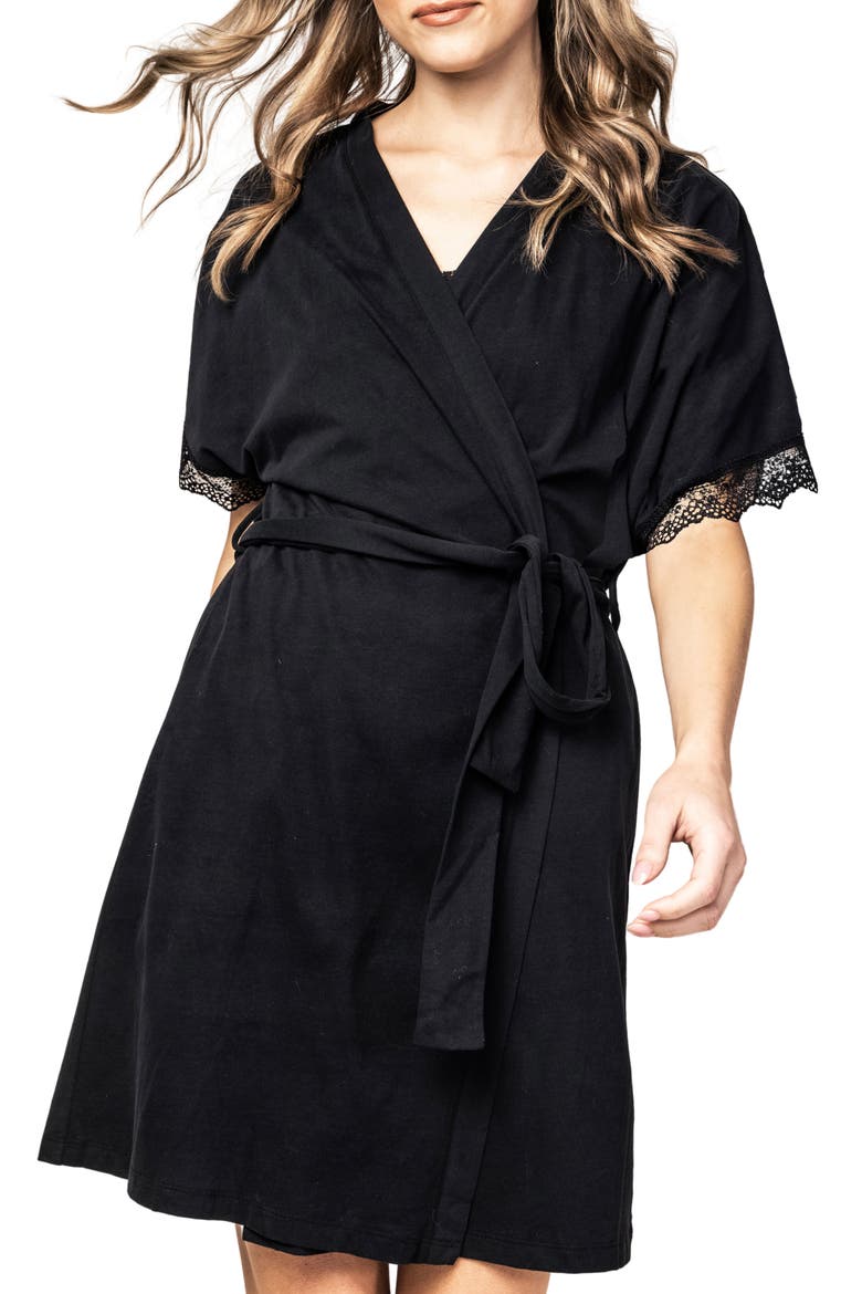 Lace Trim Cotton Jersey Robe, Main, color, BLACK