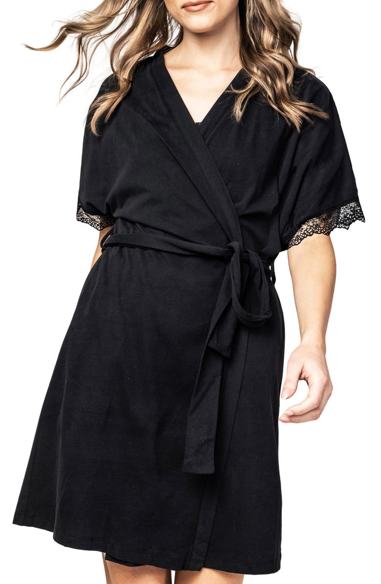 Petite Plume Lace Trim Cotton Jersey Robe, Main, color, 