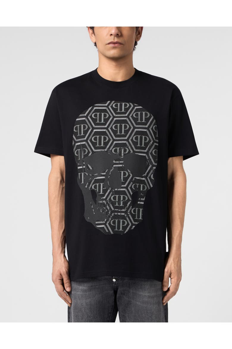 Round Neck T-Shirt Skull Monogram Men, Main, color, black