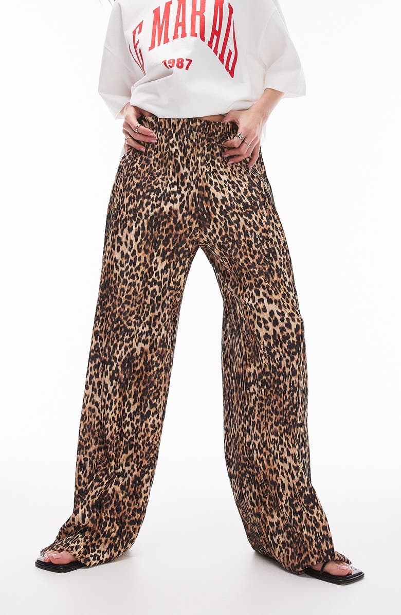 Topshop Animal Plissé Wide Leg Pants, Alternate, color,