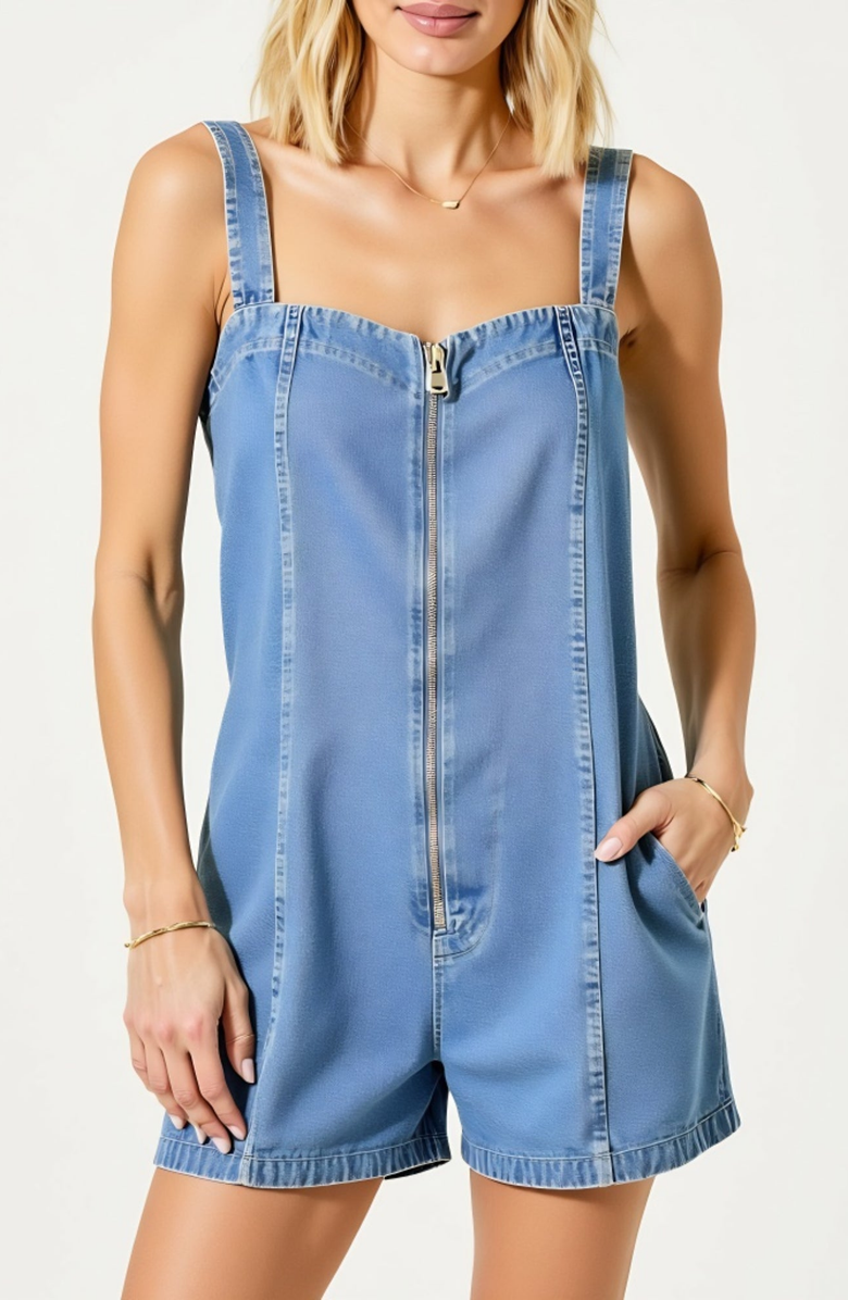 Modenaire Denim Zip-Front Wide-Strap Side-Pocket Romper, Alternate, color, Light Wash Denim
