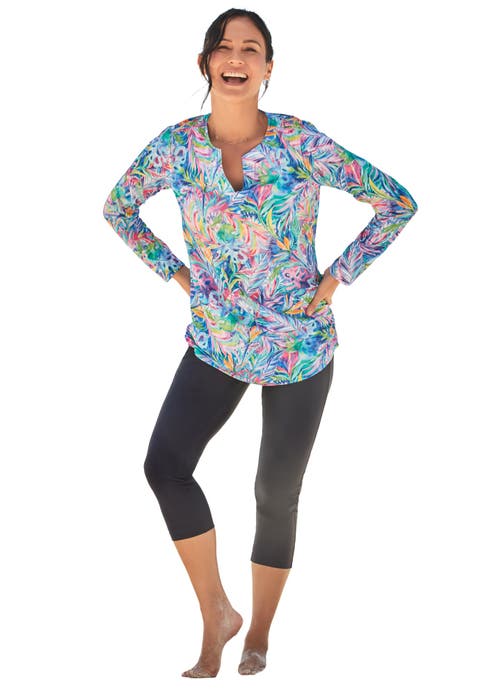 Split-Neck Long Sleeve Swim Tee with Built-In Bra