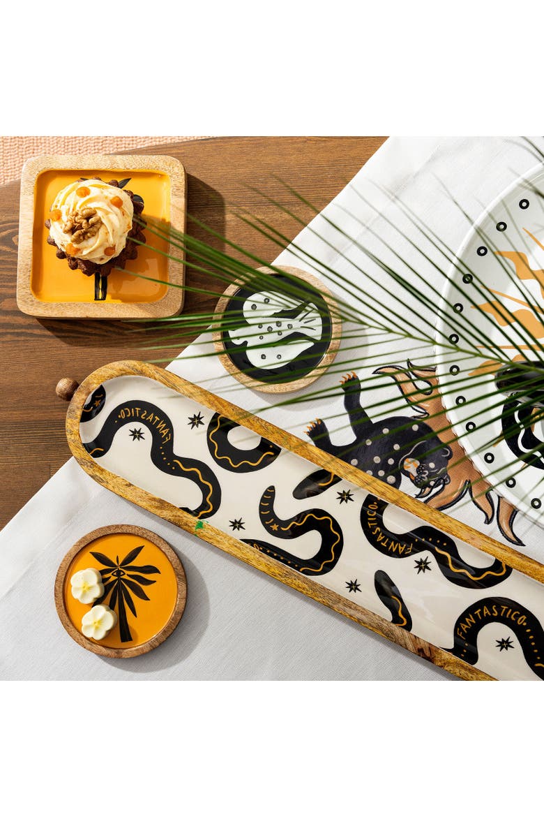 Mango Tree Tray and Coaster 3 Pcs Set, Alternate, color, Black-Yellow-Beige
