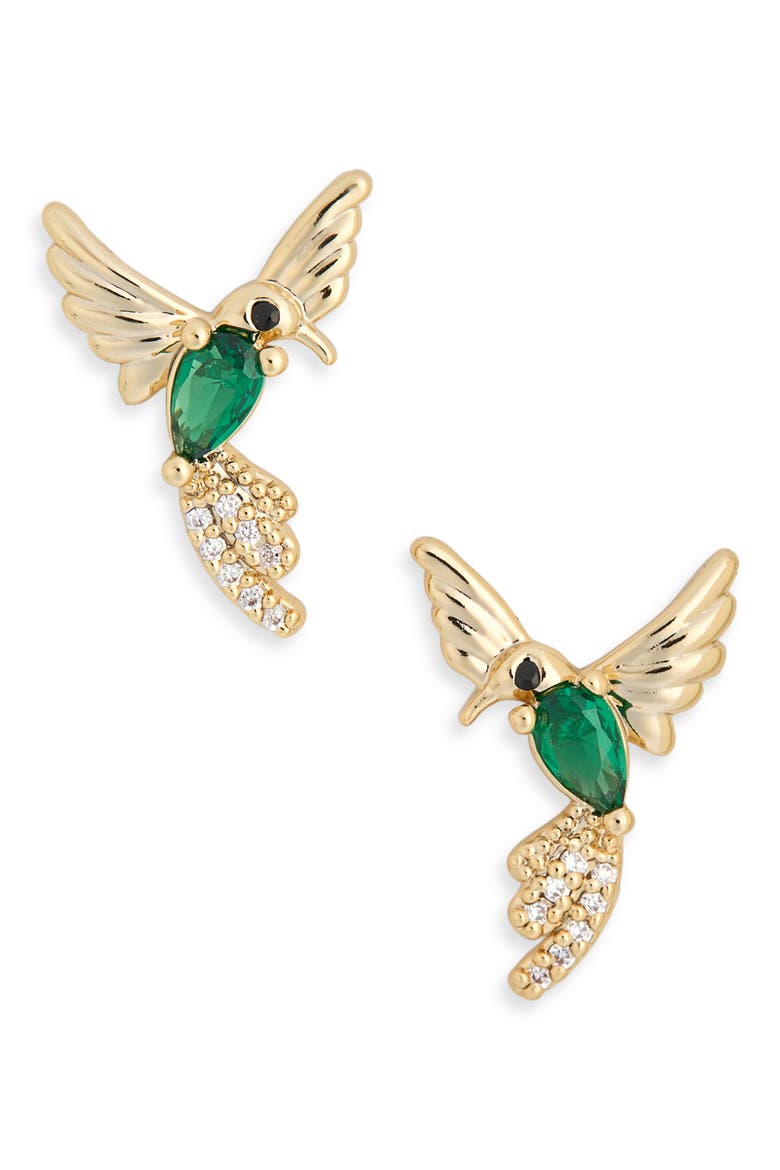 Bird Cubic Zirconia Stud Earrings, Alternate, color, EMERALD/ GOLD