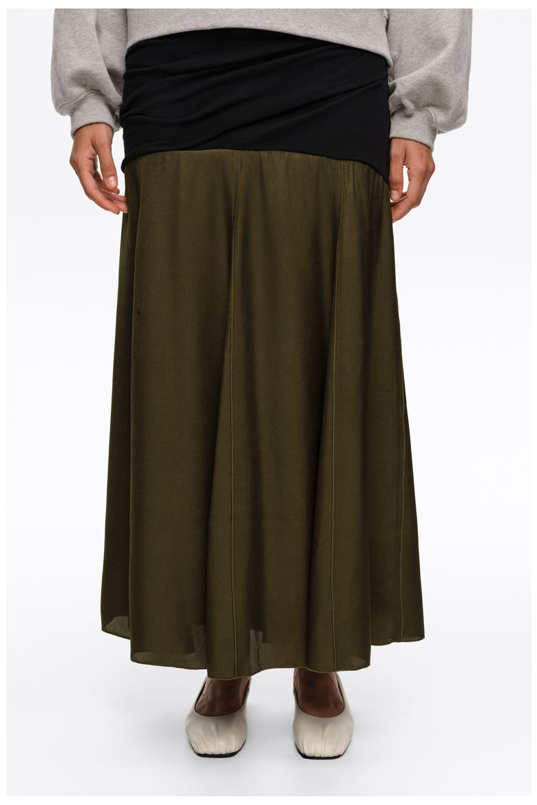 Mixed-Fabric A-Line Midi Skirt, Alternate, color, BLACK