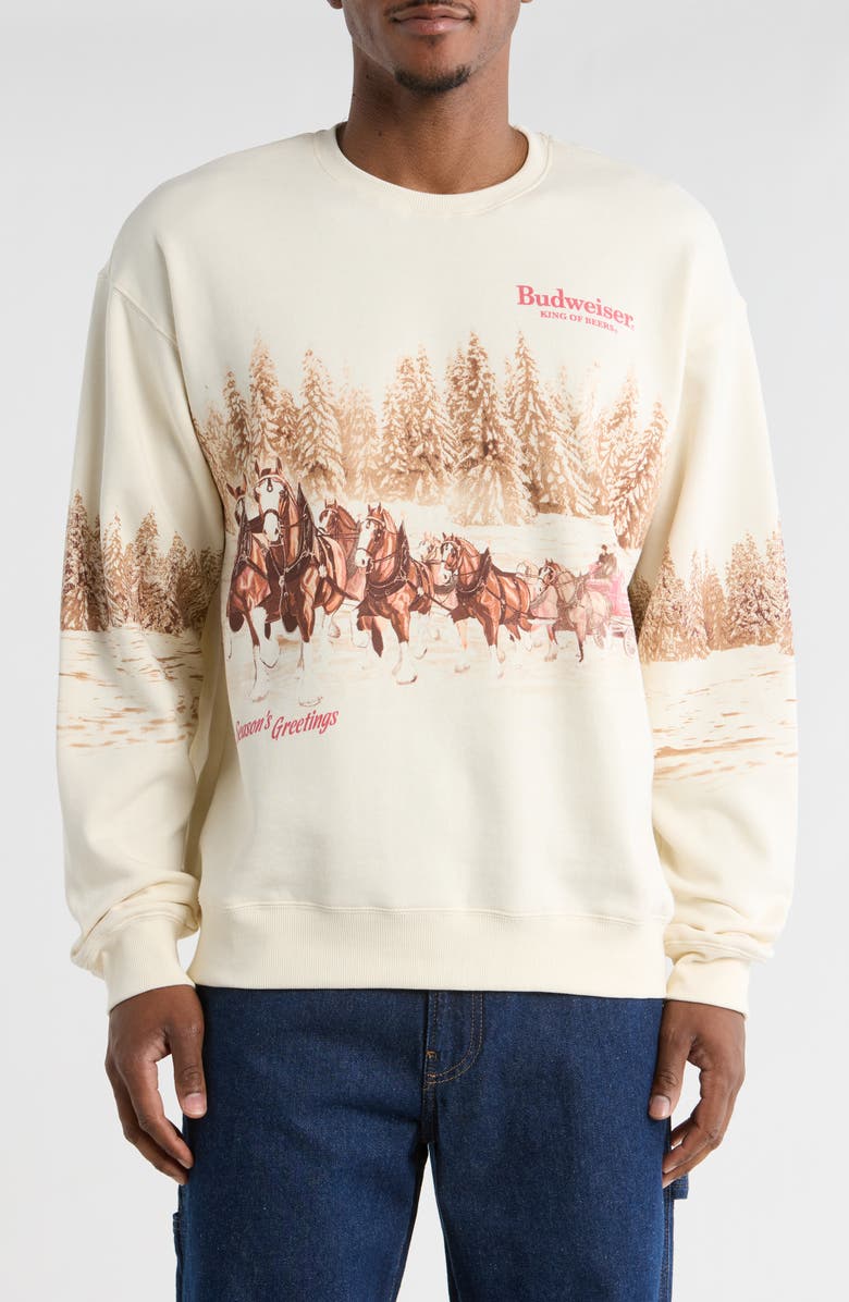 Goodie Two Sleeves Budweiser Season's Greetings Fleece Sweatshirt, Main, color, Antique White
