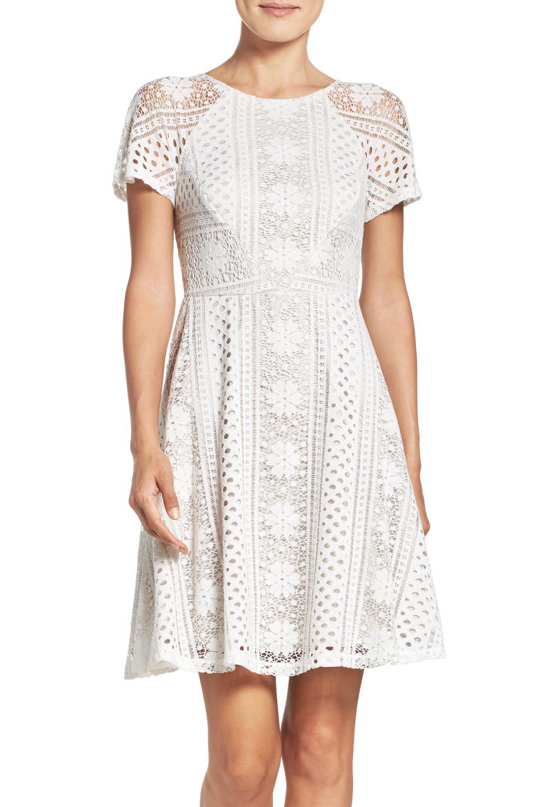 Stripe Lace Fit & Flare Dress, Main, color, IVORY/ CHAMOIS