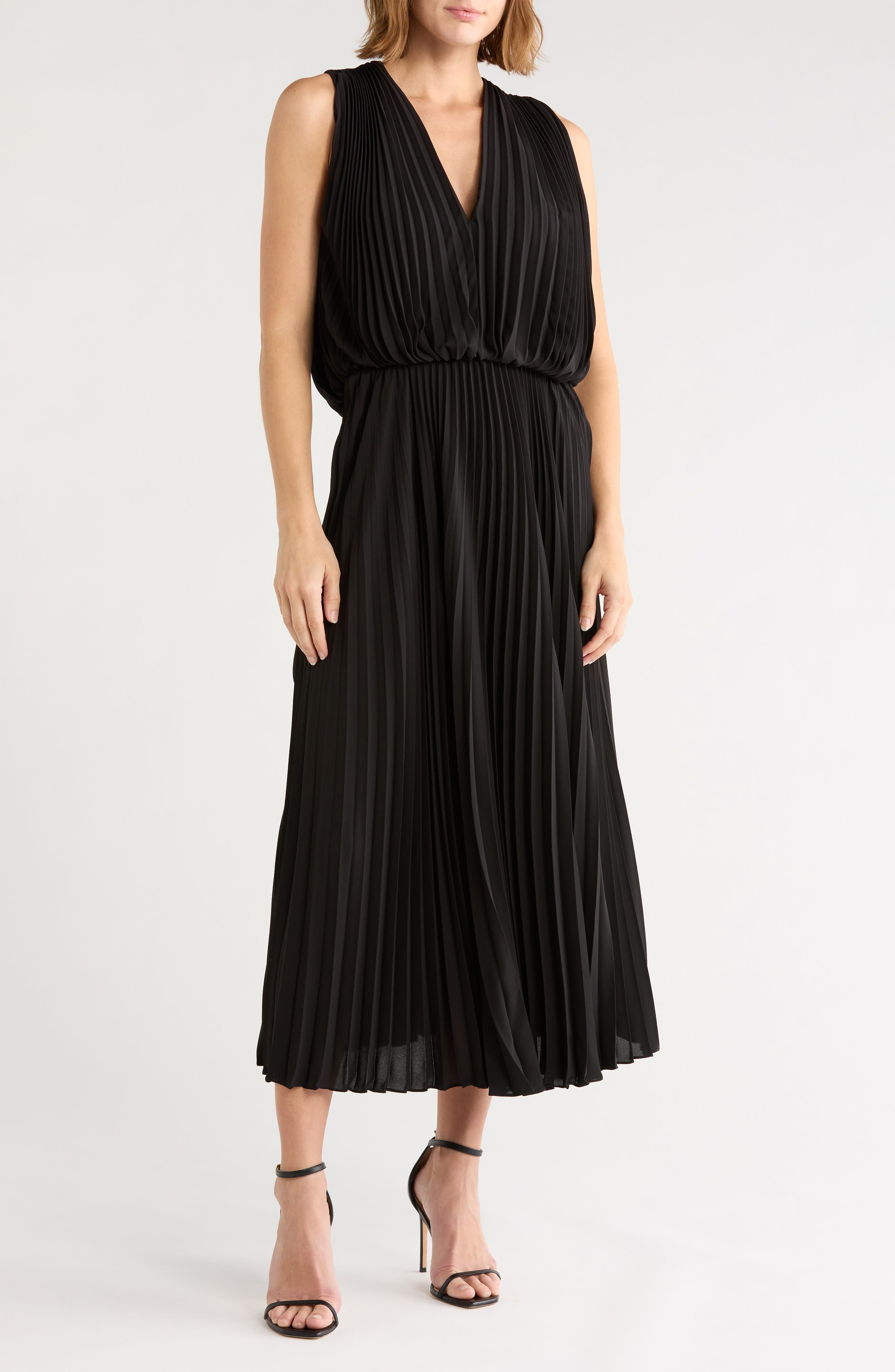 Pleated Sleeveless V-Neck Maxi Dress