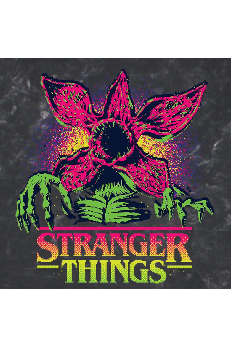 Mens Stranger Things Demogorgon Neon Pixel Logo T Shirt, Alternate, color, Black