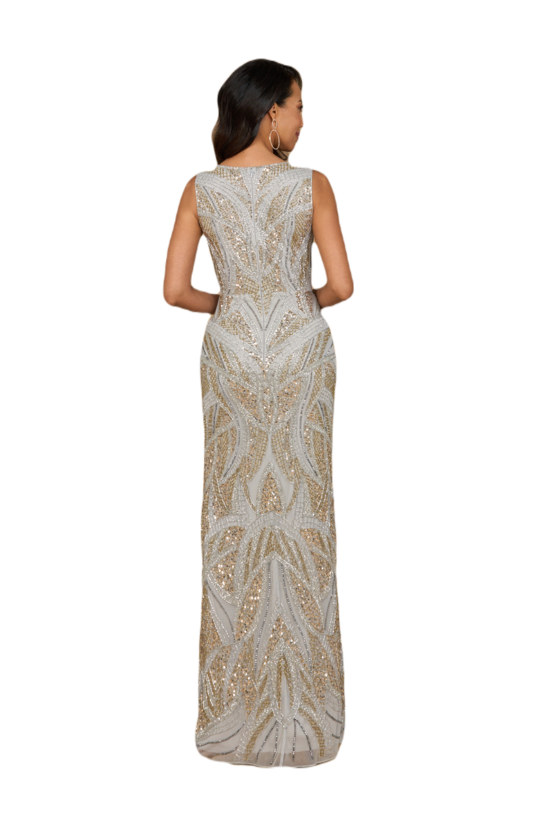 LARA New York Beaded V-Neck Gown, Alternate, color, Silver/Gold