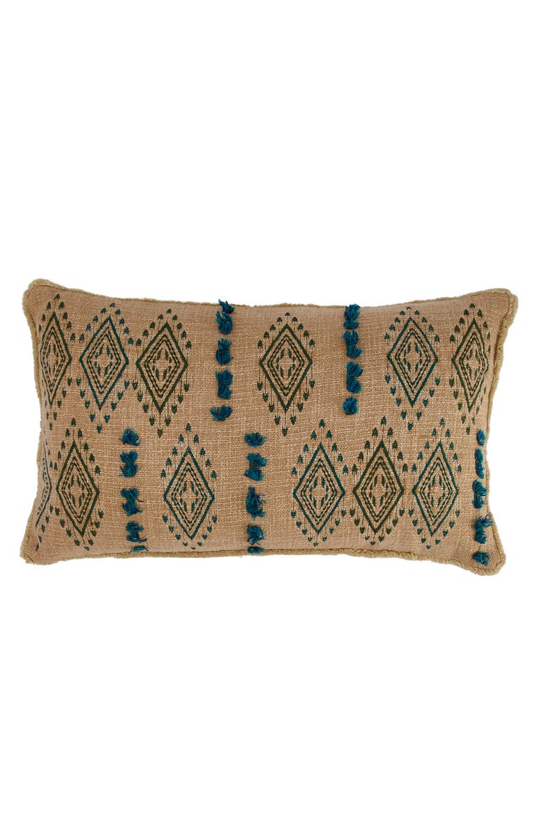 Storied Home Cotton Lumbar Pillow with Tufted Embroidered Design and Fringe, Main, color, Tan