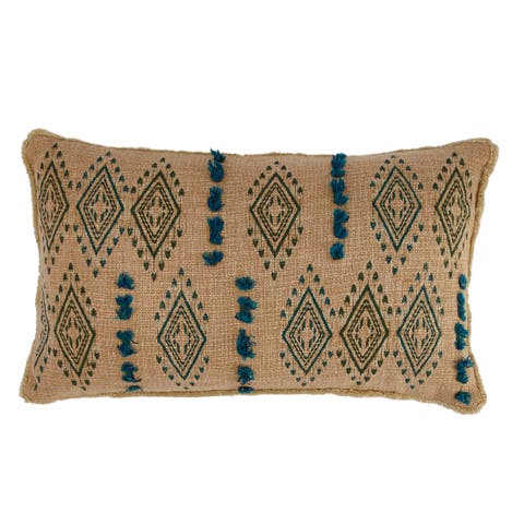 Cotton Lumbar Pillow with Tufted Embroidered Design and Fringe