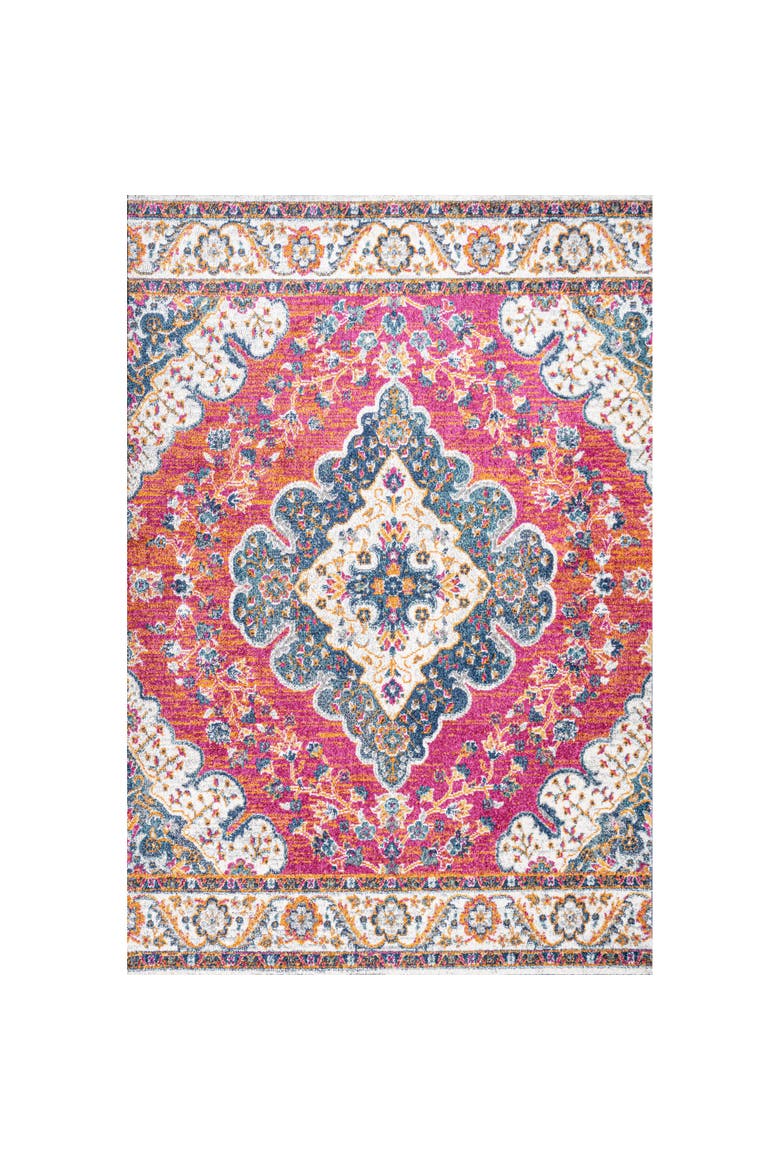 Bohemian FLAIR Boho Vintage Medallion Area Rug, Main, color, Fuchsia/White