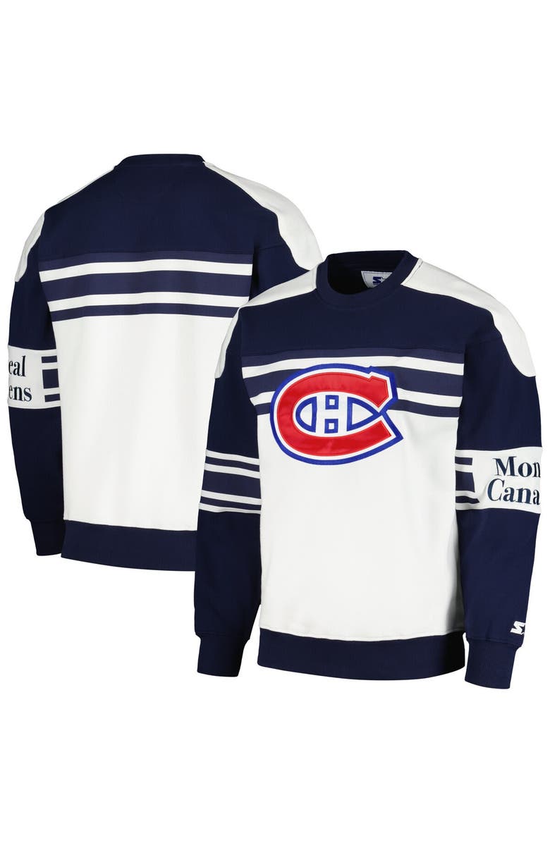 STARTER Men's Starter White Montreal Canadiens Defense Fleece Crewneck Pullover Sweatshirt, Alternate, color, 