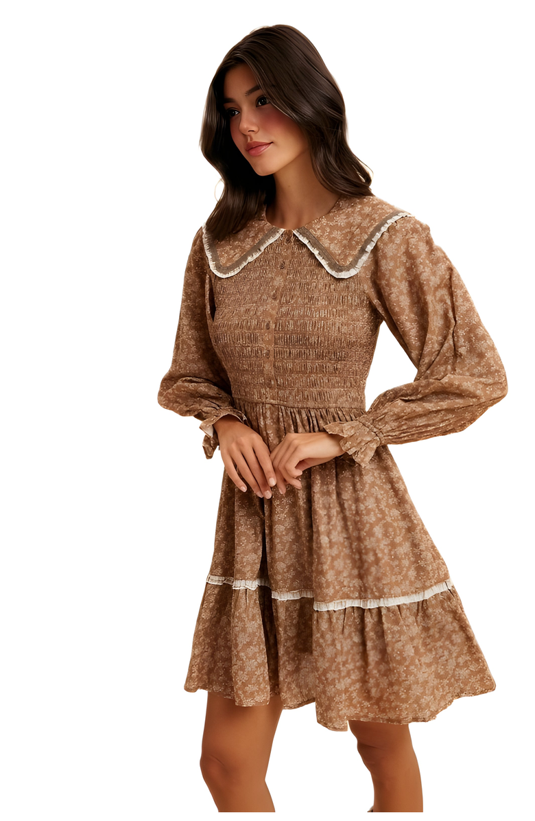 Knit and Lounge Floral Shirred Mini Dress with Lace Trim & Peter Pan Collar, Alternate, color, Brown Floral