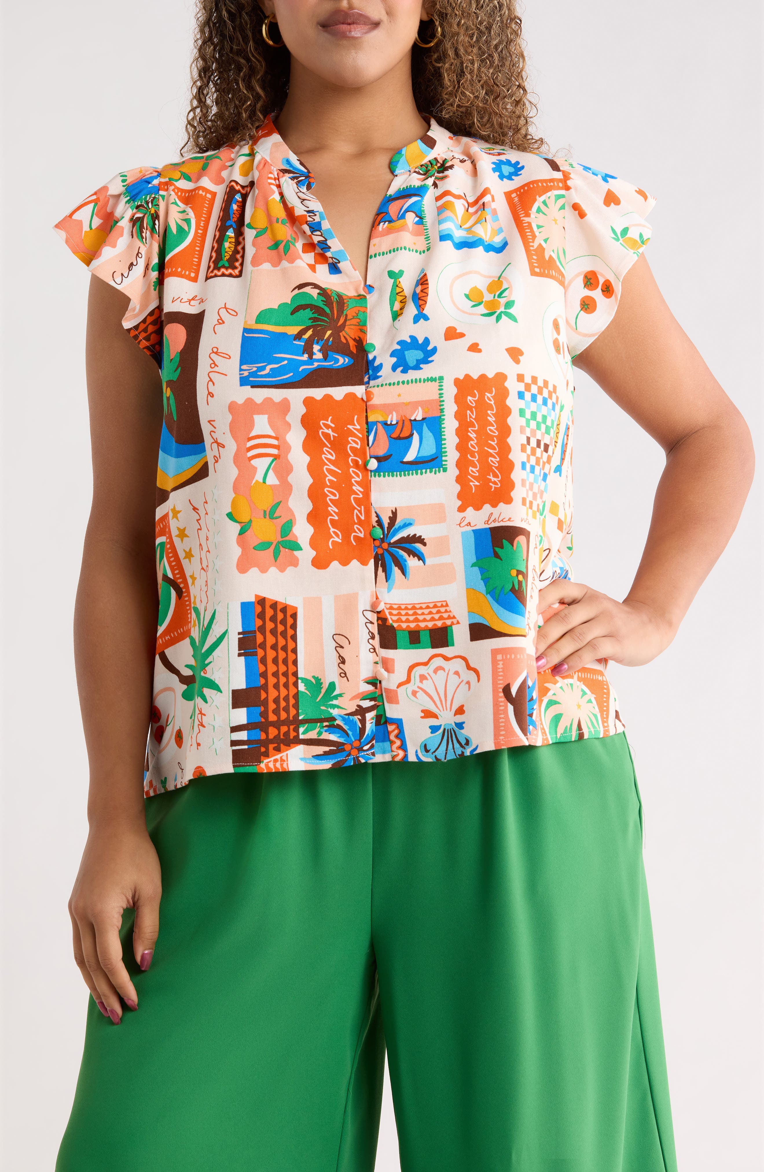 Palm Ruffle Split Neck Blouse