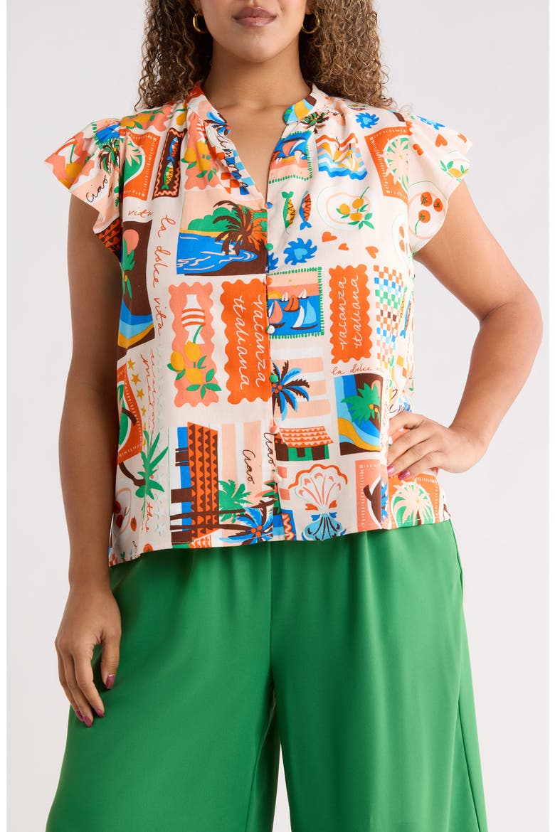 Palm Ruffle Split Neck Blouse, Main, color, CORAL-MULTI