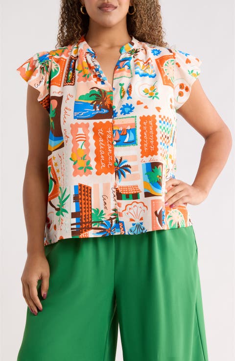 Palm Ruffle Split Neck Blouse (Plus)