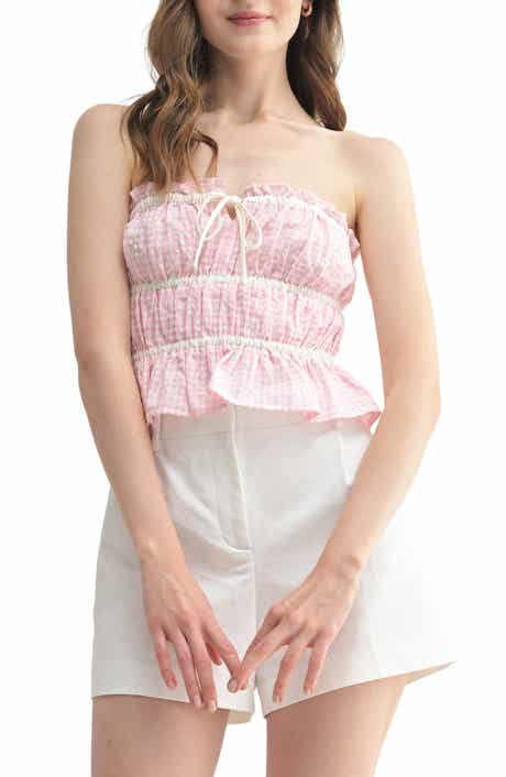All in Favor Gingham Eyelet Embroidered Strapless Top